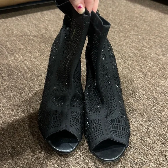 Lauren Lorraine Emma Black Sequin Rhinestone Peep-Toe Stiletto Heel Bootie 8M - Picture 2 of 7